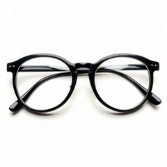 Stylish black eyeglasses with round frames are placed on a clean white background, creating a minimalist and modern aesthetic