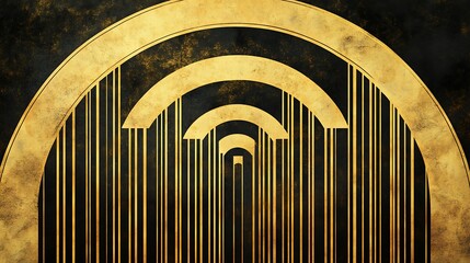 A glamorous golden and vintage art deco design with linear geometric forms, swirls, and arches, evoking the sophistication of the Gatsby era