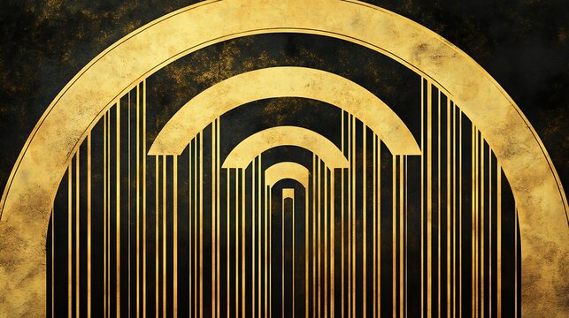 A glamorous golden and vintage art deco design with linear geometric forms, swirls, and arches, evoking the sophistication of the Gatsby era