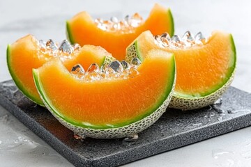 Freshly sliced cantaloupe arranged on a dark stone platter with droplets of water