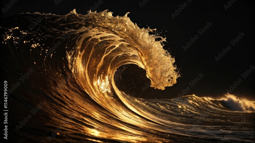 Poster a dramatic golden wave crests against a dark background, reflecting the setting sun's light, creatin