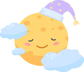 Cartoon illustration of a happy, sleeping moon wearing a purple sleeping hat with yellow stars and surrounded by light blue clouds, ideal for children s products or bedtime stories