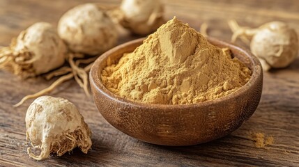 Fototapeta premium Natural Herbal Powder with Fresh Roots on Wooden Table Surface