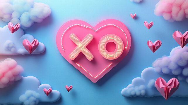 Paper cut style Valentine's background with flying hearts, clouds, and neon XO for flyer