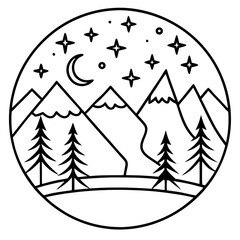 Minimalist Mountain Range with Pine Trees and Stars – Line Art Design