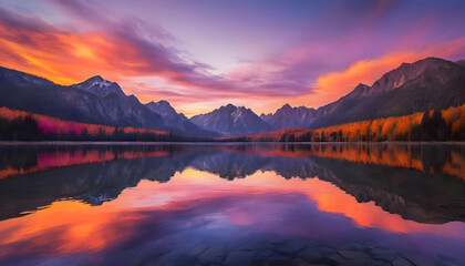Fototapeta premium Fiery Sunset Reflection on a Serene Mountain Lake during Autumn