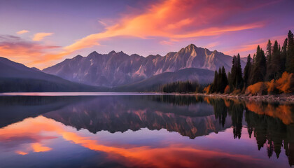 Majestic Mountain Reflection at Sunset over Serene Lake