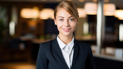 Fototapeta premium Welcoming Hotel Receptionist in Neat Uniform at Polished Front Desk - Professional Hospitality Concept