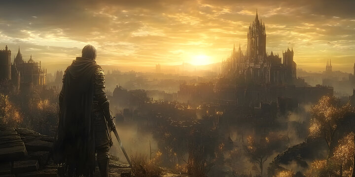 Fototapeta A lone knight surveys a magnificent medieval city at sunset.  Epic fantasy landscape artwork, a breathtaking view, the sun sets casting a golden hue on the majestic buildings.