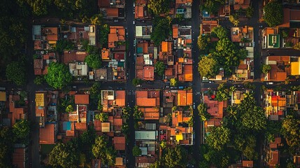 Fototapeta premium aerial view of a small town with red roofs and green trees.