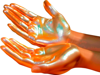 Two hands in a gold and green color, with a shiny and reflective surface