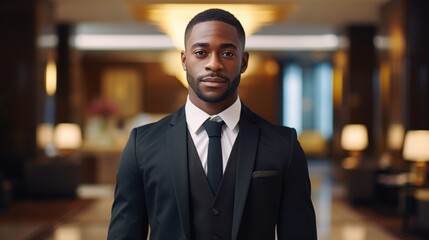 Distinguished Concierge in Black Suit Standing in Elegant Hotel Lobby