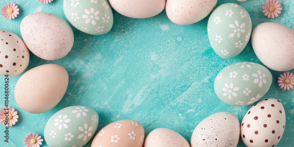 Poster pastel easter eggs surrounding blank space for your message