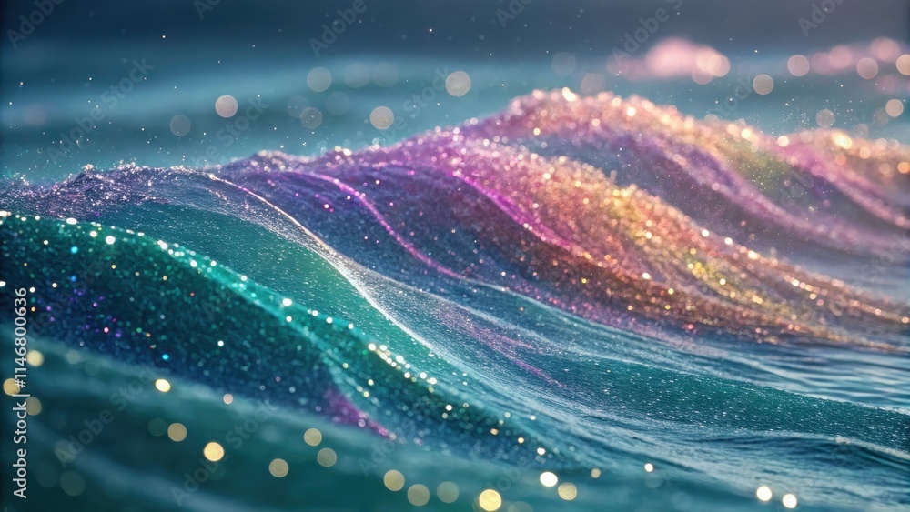 Aufkleber a mesmerizing view of shimmering ocean waves with iridescent hues and sparkling bokeh lights, captur
