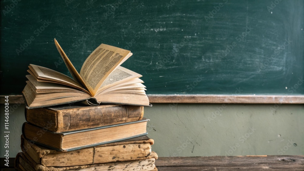 Poster a stack of vintage books resting in front of a green chalkboard, a symbol of knowledge and learning