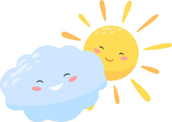 Cartoon sun and cloud are smiling happily in this colorful illustration, perfect for children's books, greeting cards, or any project that needs a touch of whimsy