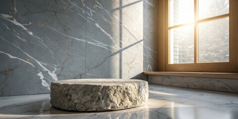 A rustic stone podium sits against a backdrop of elegant marble, illuminated by the warm glow of sunlight streaming through a window.