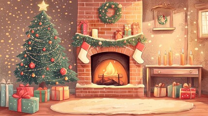 Obraz premium Cozy Christmas Scene with a Decorated Tree, Stockings, Gifts, and a Warm Fireplace in a Festive Atmosphere