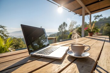 Fototapeta premium Laptop and Coffee Cup on Wooden Table in Sunlit Outdoor Workspace