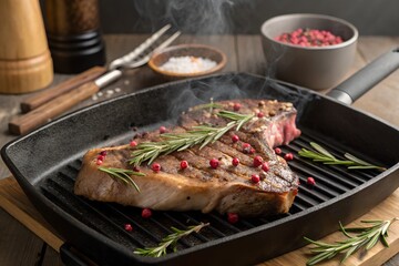 T-Bone Steak - Porterhouse On Grill With Rosemary And Pink Pepper