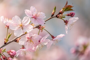 super macro Delicate Pink Cherry Blossoms in Full Bloom on a Spring Day