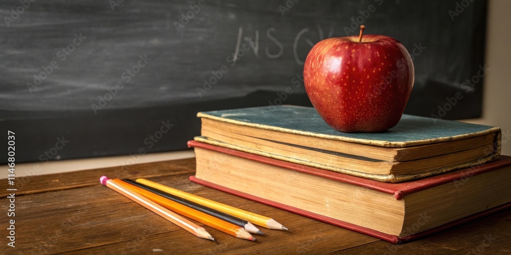 Poster a classic still life of education with a red apple resting on a stack of books and pencils on a wood