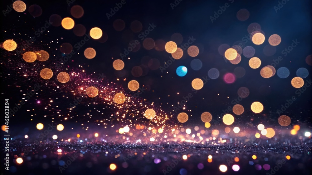 Poster a shimmering backdrop of golden and purple bokeh lights with a scattered dusting of glitter.