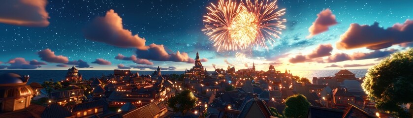 A vibrant cityscape under a night sky illuminated by fireworks, showcasing charming architecture and a festive atmosphere.