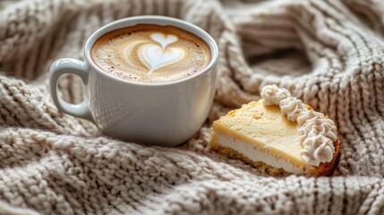 Cozy latte art coffee and cheesecake on knit blanket.