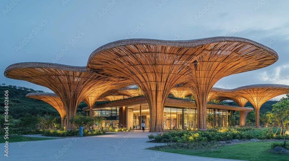Poster stunning architectural design of modern building with unique biomorphic structure surrounded by lush