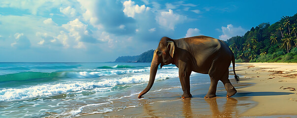 Elephant standing on a beach with its trunk hanging, showcasing majestic wildlife against a natural coastal landscape.