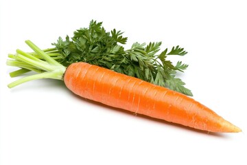 A large orange carrot with green leafy tops, laying diagonally on a white background