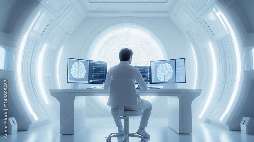 Poster scientist working with brain scans in futuristic lab.