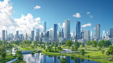 Modern Urban Skyline with Green Park and Water Reflection