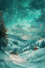 Emerald aurora lights illuminating snowy hills under a starry sky, capturing the beauty of winter landscapes and natural phenomena.