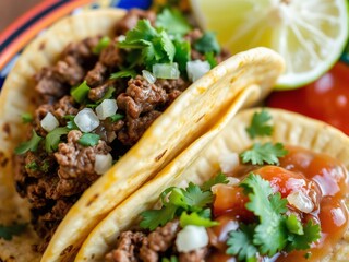Two tacos filled with seasoned meat, topped with onions and cilantro, served with lime and salsa.