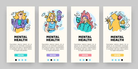 Mental health onboarding banners. Mobile interface. psychological consultation. Fake face mask. Hypocrisy and insincerity. Liar mind. Bipolar disrober. Phone screen menu. Smartphone app UI vector set