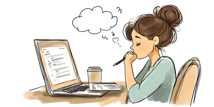 cartoon people thingking. Have a question. A woman sits at her desk, writing on paper. laptop in front of her. bubble containing question marks. The illustration style hand-drawn or cartoon