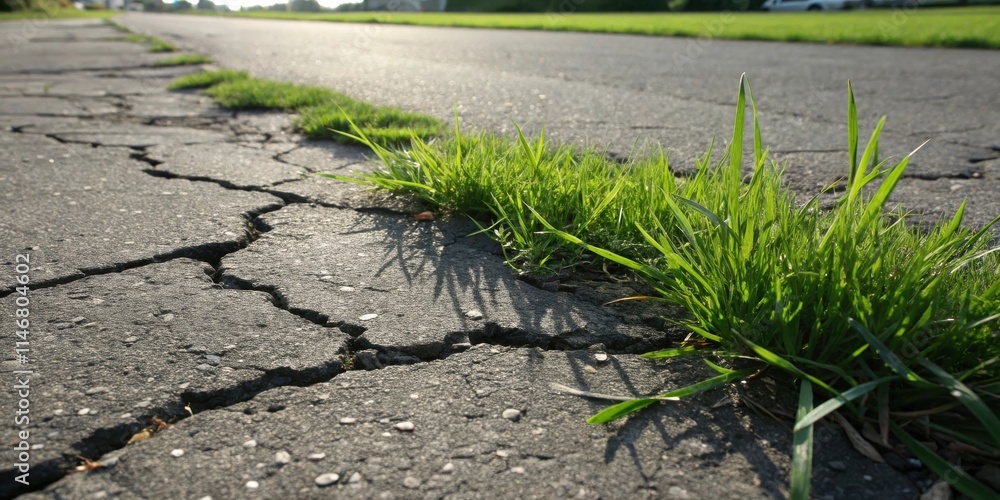Aufkleber a close-up view of a patch of green grass growing through cracks in an asphalt road, casting long sh