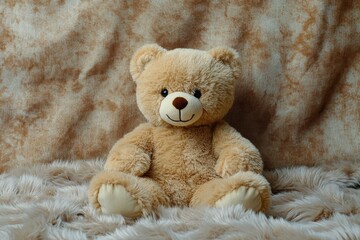 A cute, plush teddy bear sitting on a soft, textured background.