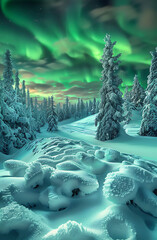 Emerald aurora lights illuminating snowy hills under a starry sky, capturing the beauty of winter landscapes and natural phenomena.