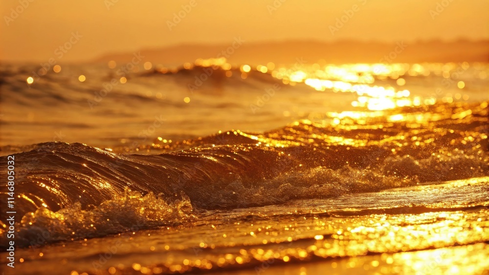 Poster Golden Hour Waves A close-up of a wave crashing on the shore, illuminated by the warm glow of the setting sun, creating a shimmering, golden surface.