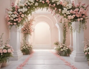 Delicate blooms arch over aisle, pastel palette, summer, spring