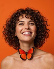 Woman smiling with red butterfly on her neck against orange background. Studio portrait. Health and thyroid awareness concept. Banner, poster with copy space. National Thyroid Awareness Month.