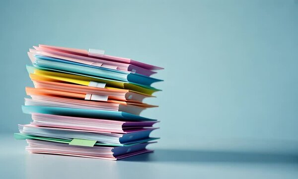 A neatly stacked pile of colorful documents against a light blue background.