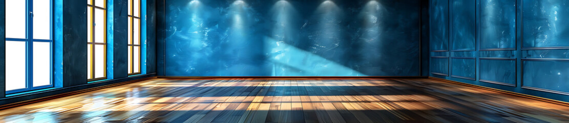 Empty room with blue walls and wood floors, minimalist interior design with a clean and modern aesthetic.
