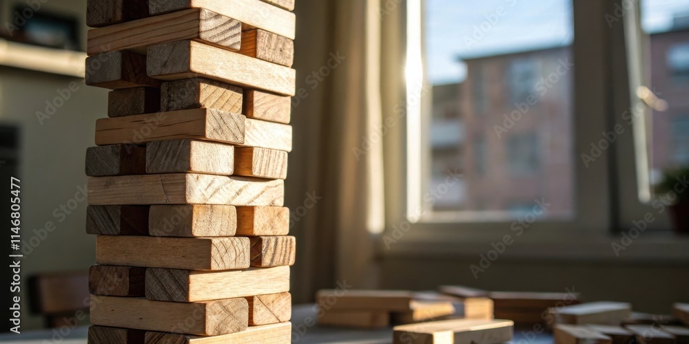 Aufkleber precariously balanced wooden blocks form a tower reaching towards the sunlight streaming through a w