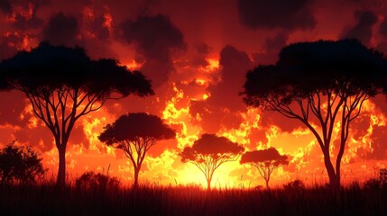 Silhouetted trees against a vibrant sunset, showcasing a stunning blend of fiery orange and deep shadows, capturing the serene beauty of nature.