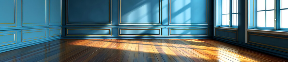 Empty room with blue walls and wood floors, minimalist interior design with a clean and modern aesthetic.