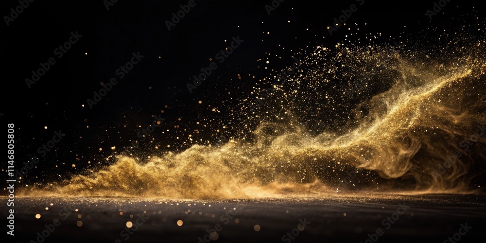 Poster a dramatic and elegant display of golden glitter swirling and dancing on a black background, creatin